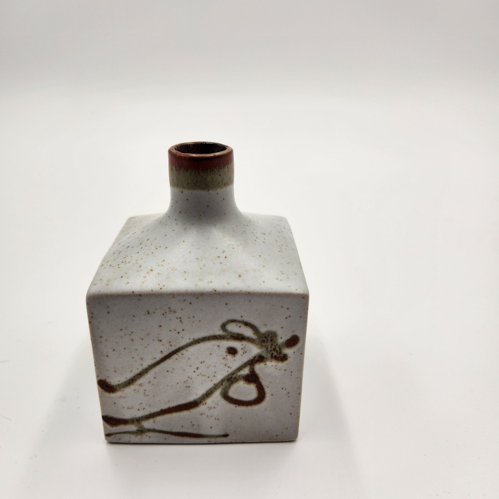 Vintage Otagiri Japan Speckled Stoneware Square Bud Vase Hand Painted Bird MCM